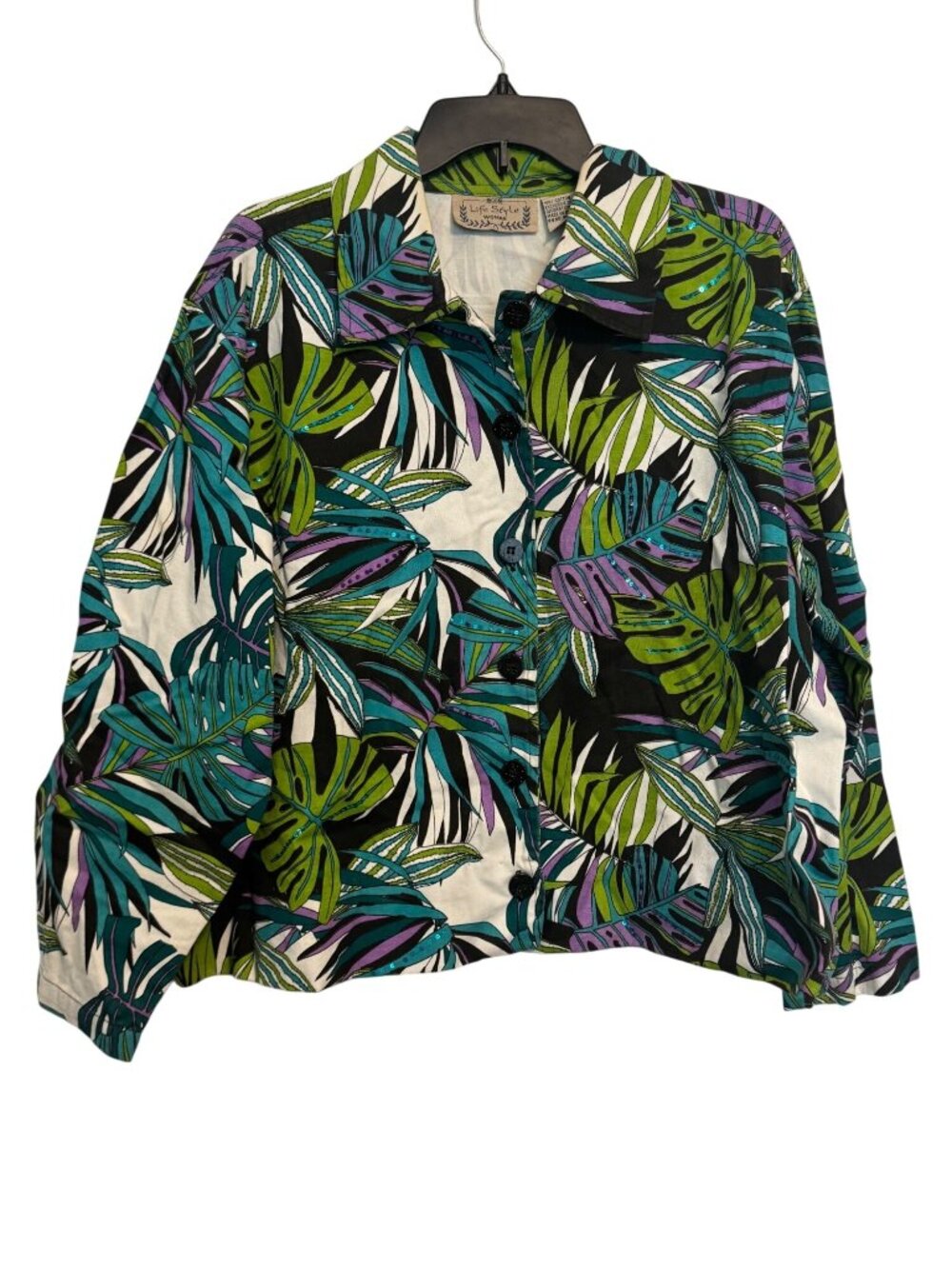 Tropical Leaf Print Womens Button-Up Shirt 3X Life Style 100% Cotton Made In Ind